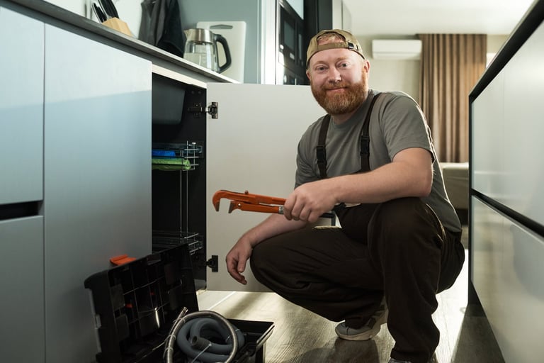 Handyman kneeling in kitchen holding pipe wrench